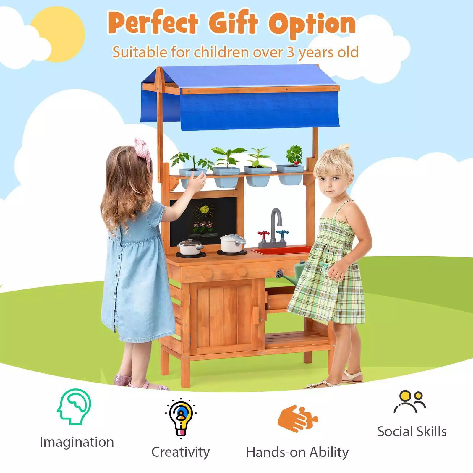 Wooden Pretend Play Kitchen Kids Outdoor Mud Kitchen Playset w/Adjustable Canopy - Image 4