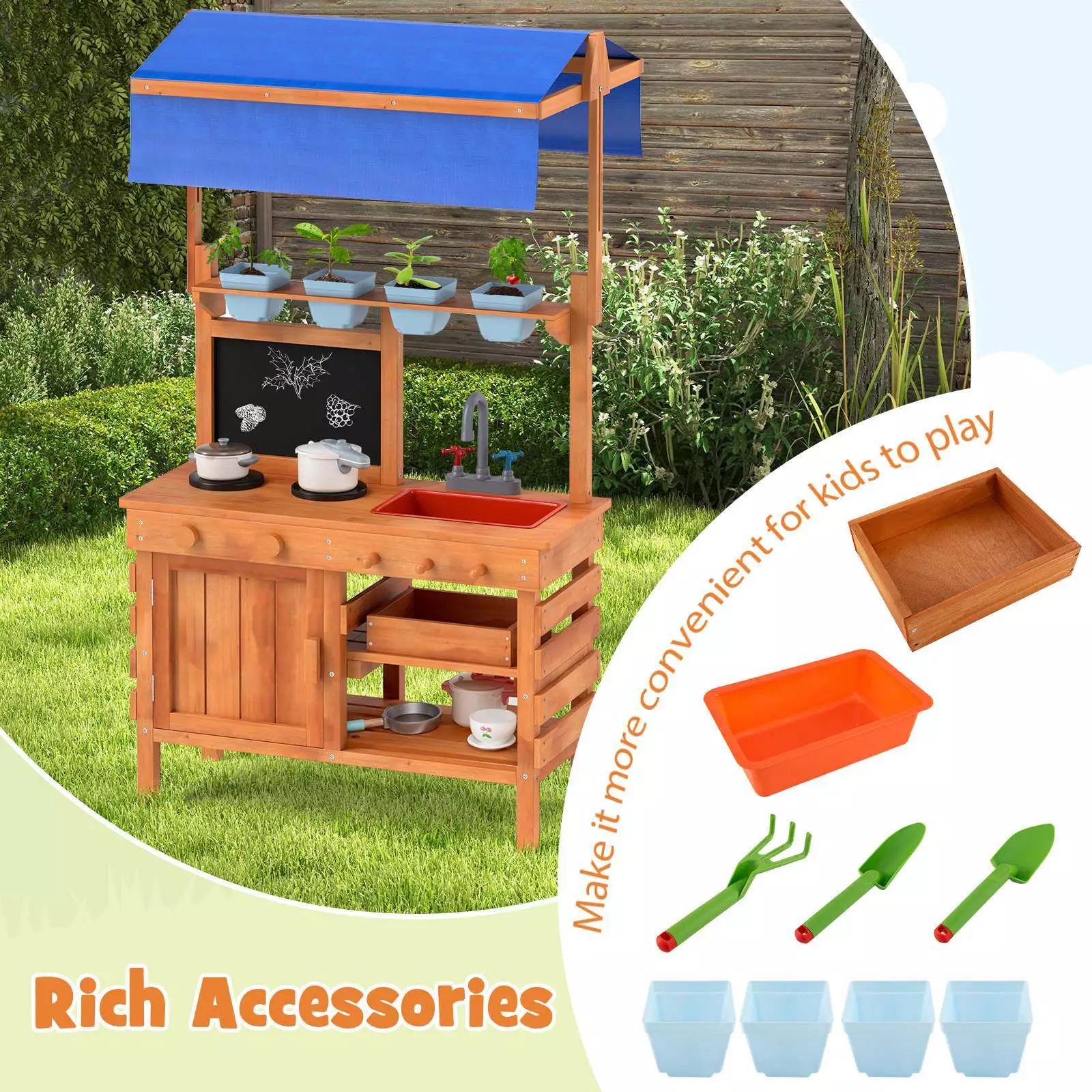 Wooden Pretend Play Kitchen Kids Outdoor Mud Kitchen Playset w/Adjustable Canopy - Image 5