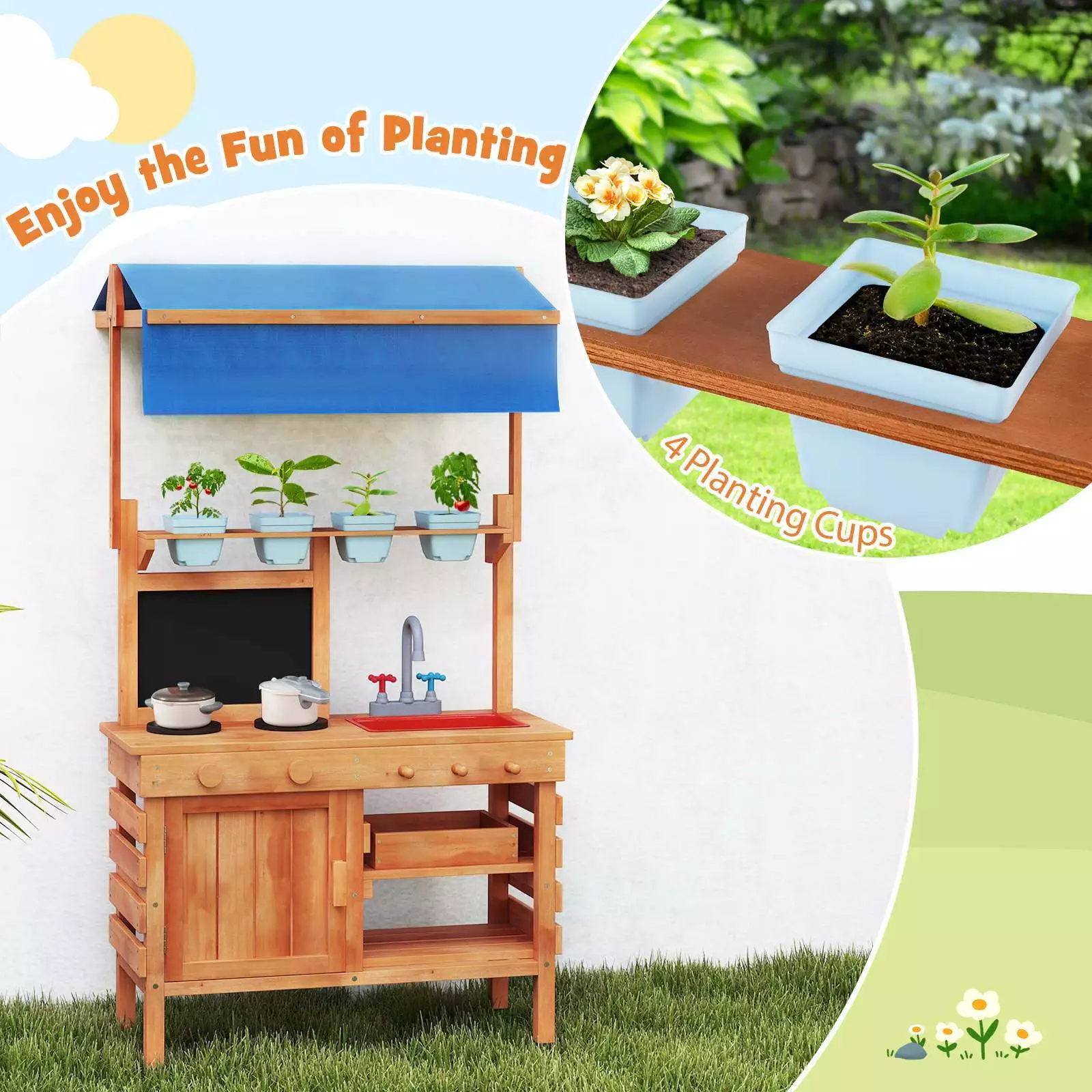Wooden Pretend Play Kitchen Kids Outdoor Mud Kitchen Playset w/Adjustable Canopy - Image 6