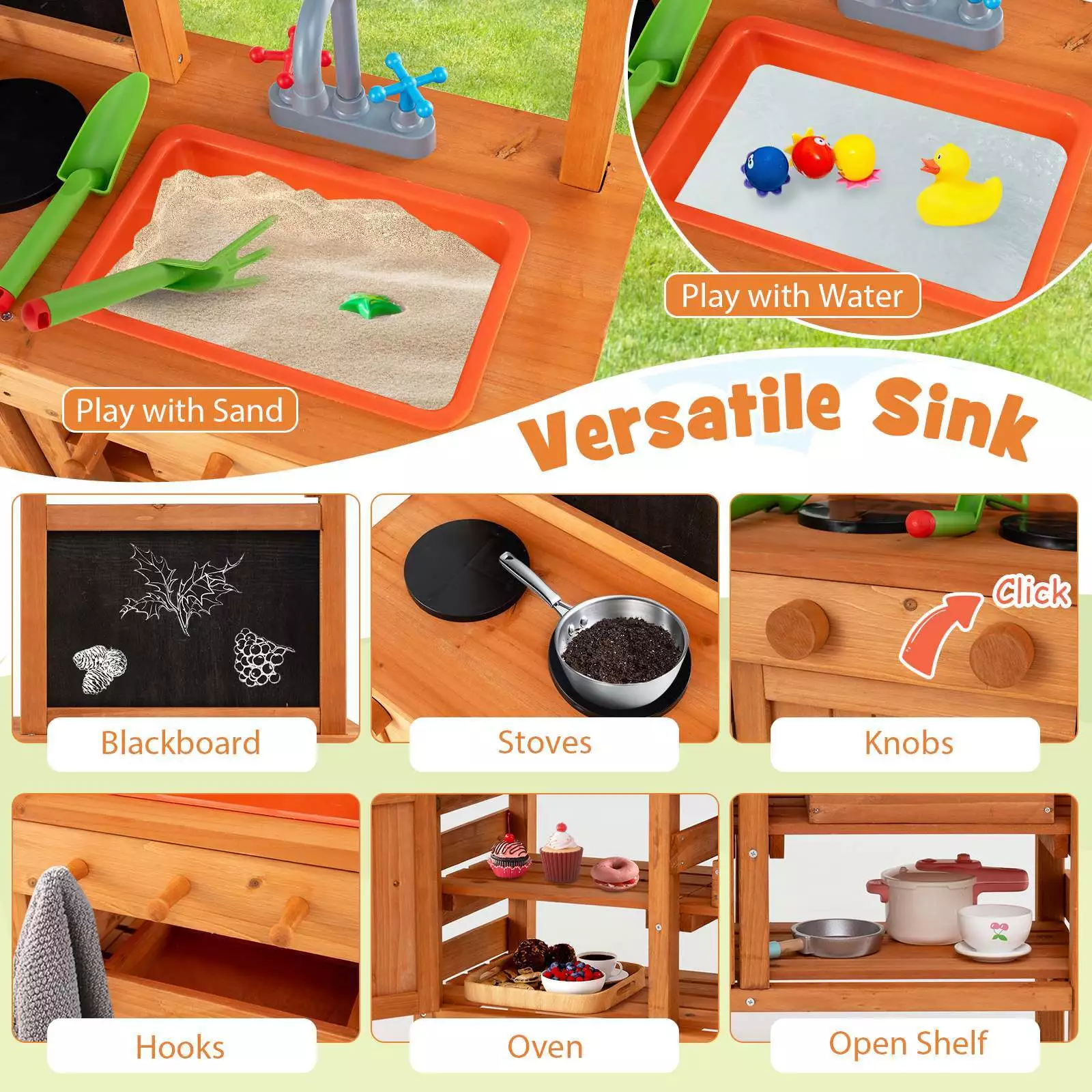 Wooden Pretend Play Kitchen Kids Outdoor Mud Kitchen Playset w/Adjustable Canopy - Image 7