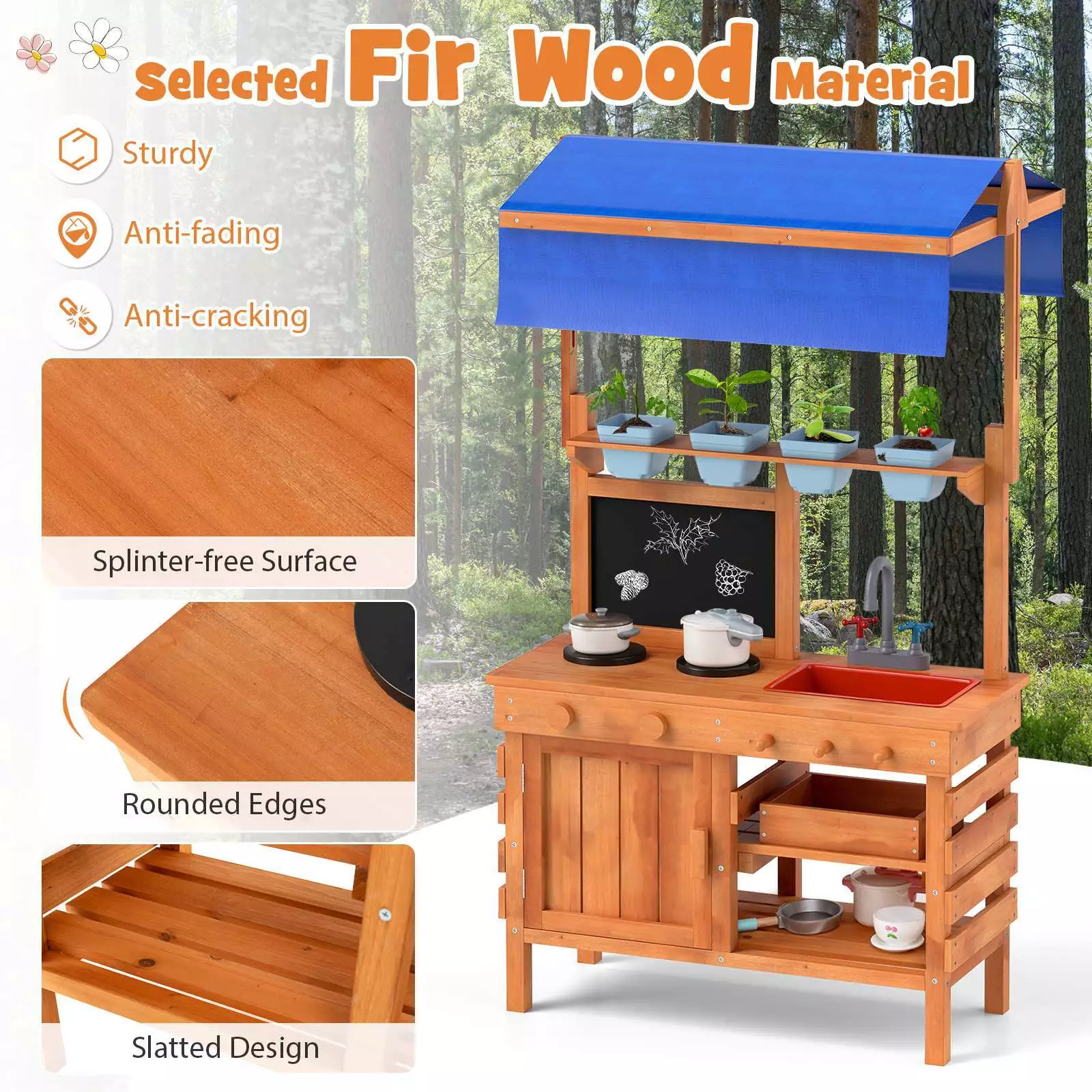 Wooden Pretend Play Kitchen Kids Outdoor Mud Kitchen Playset w/Adjustable Canopy - Image 8