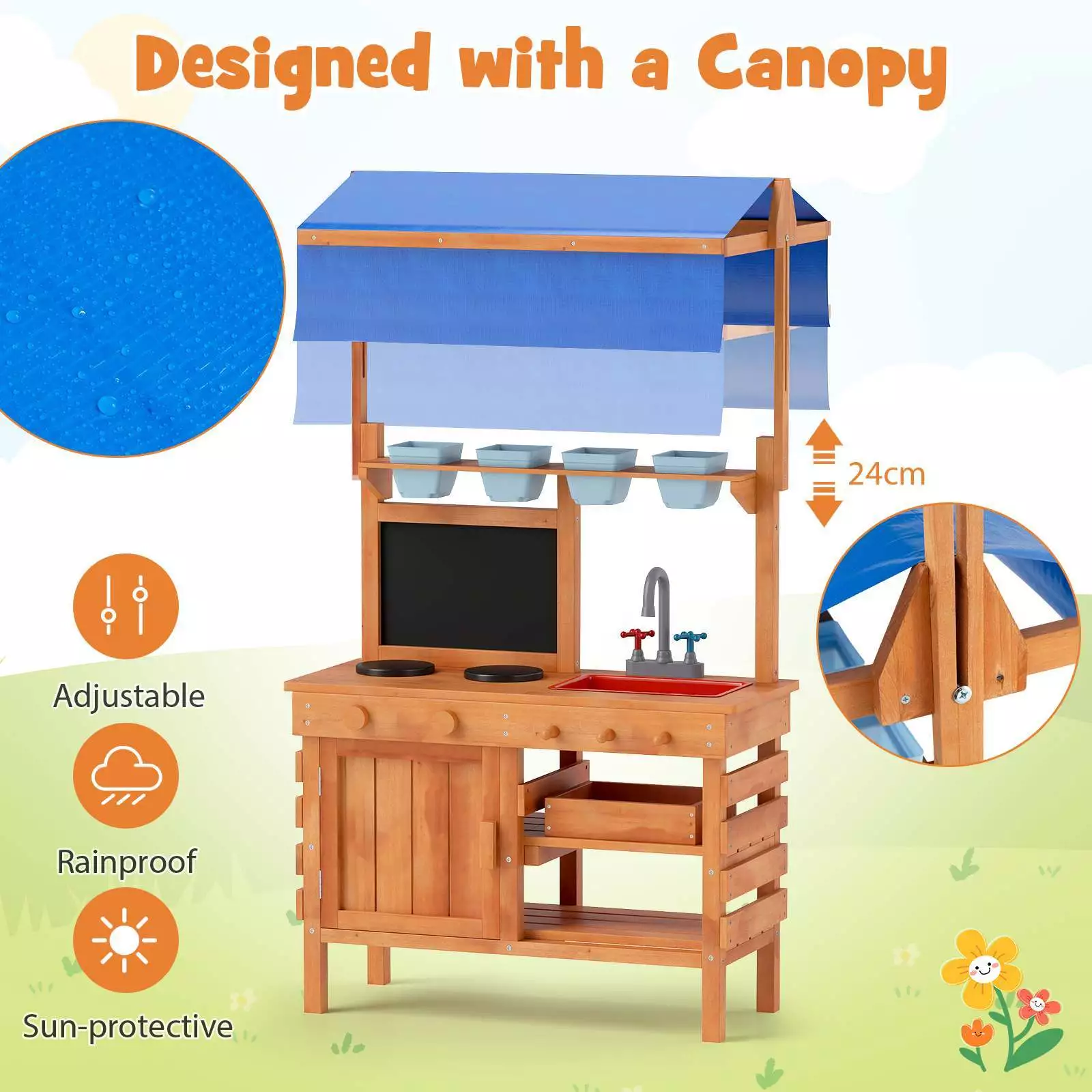 Wooden Pretend Play Kitchen Kids Outdoor Mud Kitchen Playset w/Adjustable Canopy - Image 9
