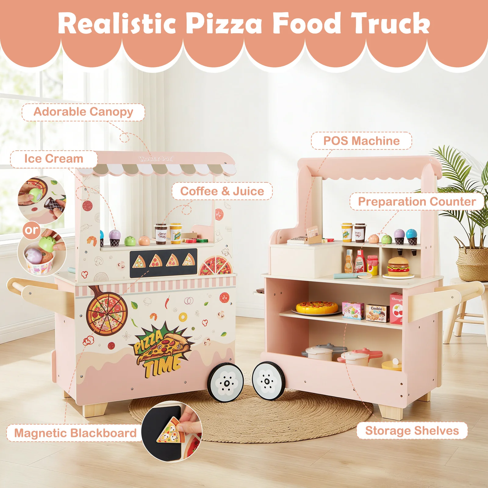 Wooden Pretend Play Snack Cart with Oven and Magnetic Blackboard - Image 6