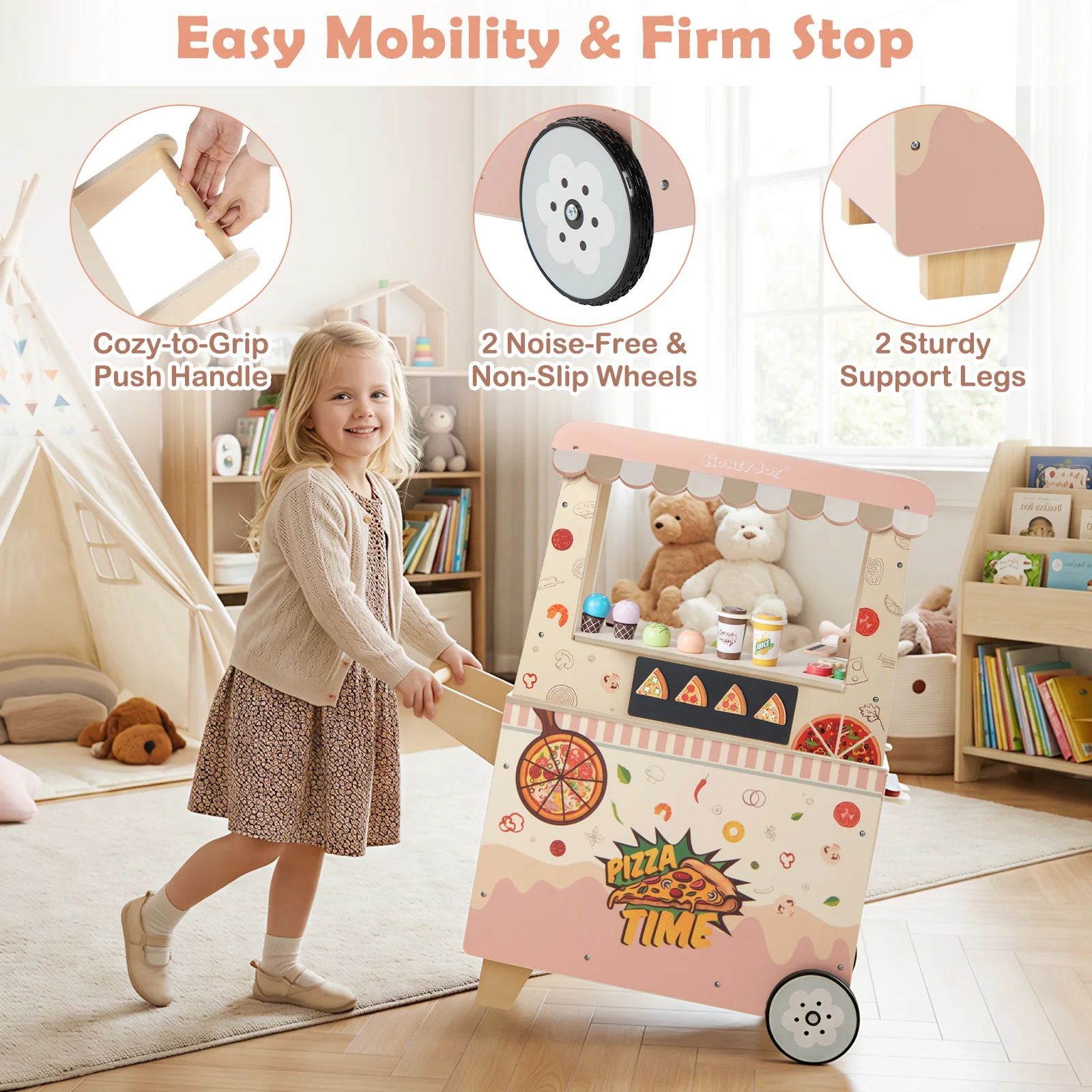 Wooden Pretend Play Snack Cart with Oven and Magnetic Blackboard - Image 7