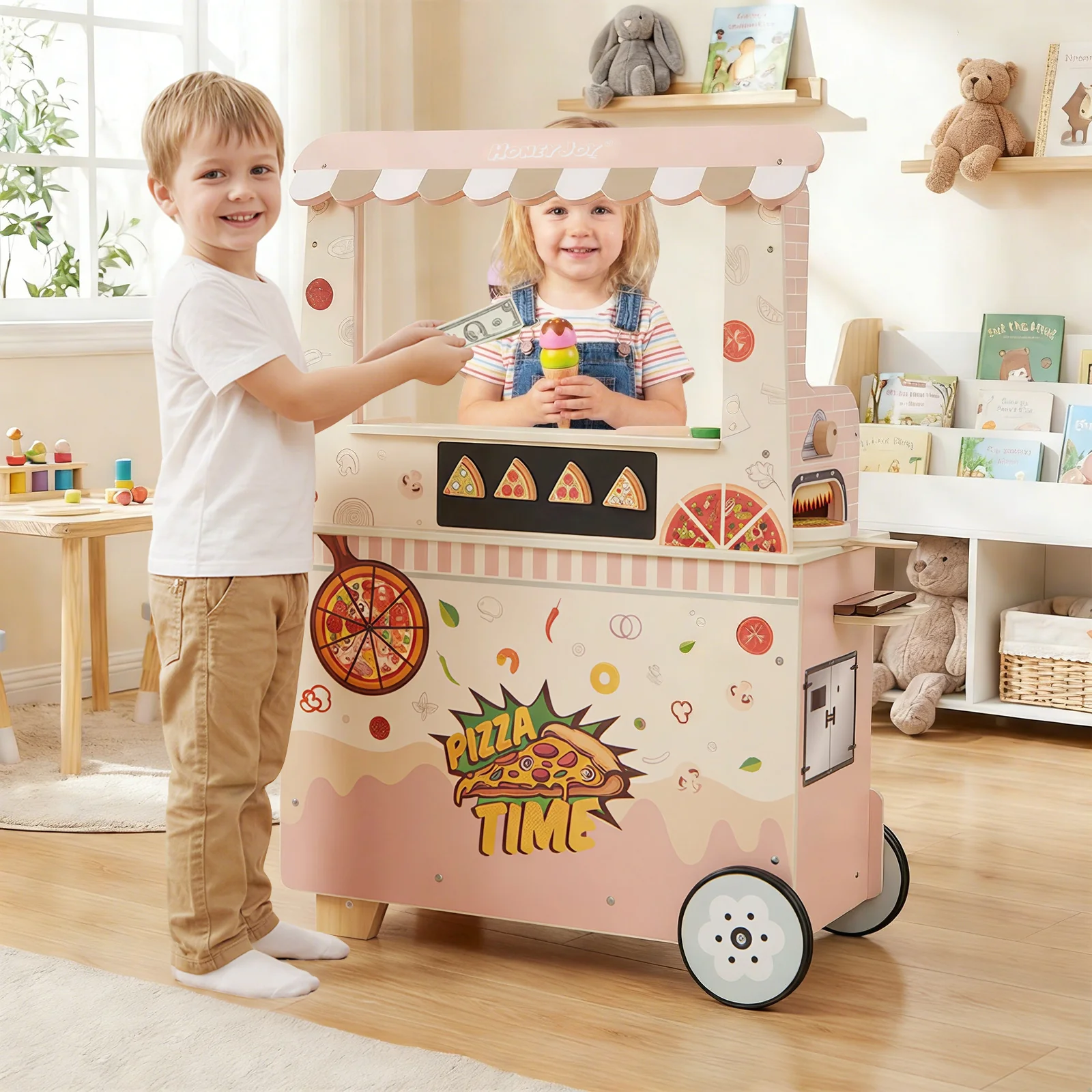 Wooden Pretend Play Snack Cart with Oven and Magnetic Blackboard - Image 9