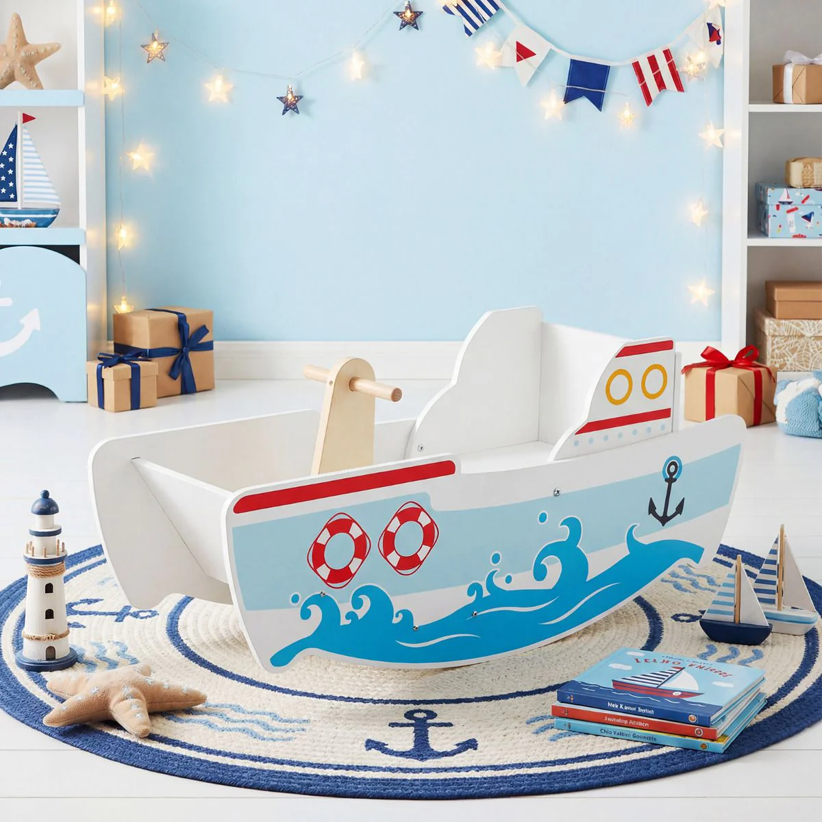 Wooden Rocking Ship with Nautical Theme for 1-5 Years Old Kids - Image 2