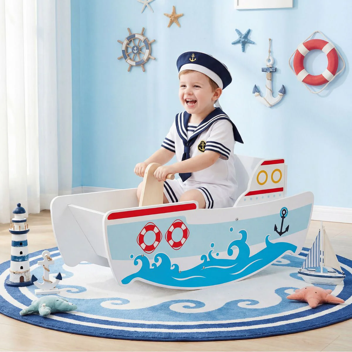 Wooden Rocking Ship with Nautical Theme for 1-5 Years Old Kids - Image 3