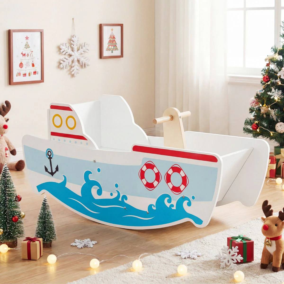 Wooden Rocking Ship with Nautical Theme for 1-5 Years Old Kids - Image 4