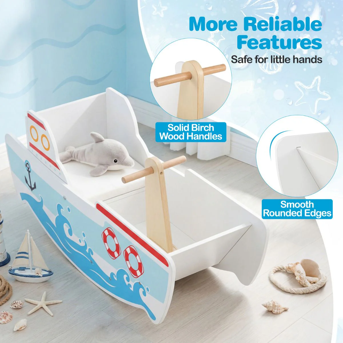 Wooden Rocking Ship with Nautical Theme for 1-5 Years Old Kids - Image 5