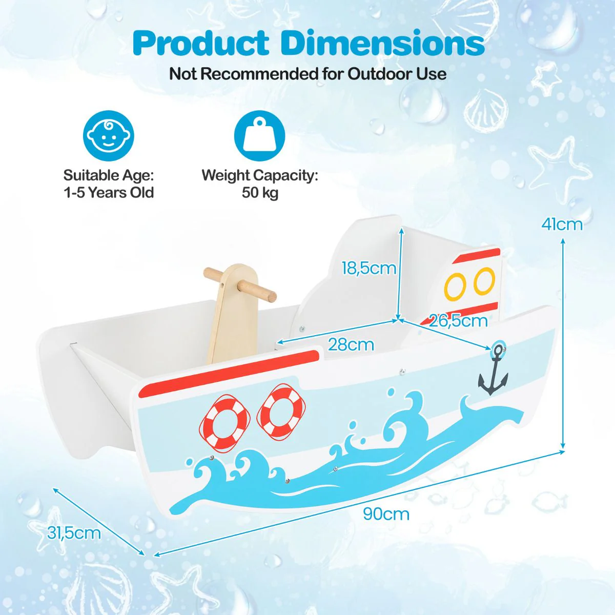 Wooden Rocking Ship with Nautical Theme for 1-5 Years Old Kids - Image 6