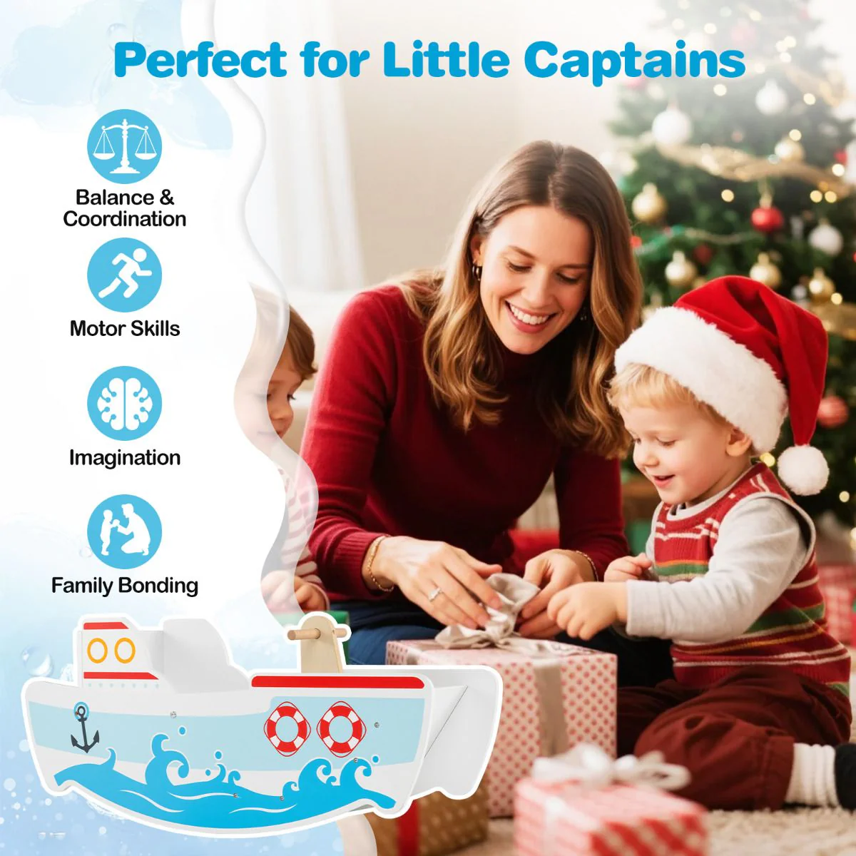 Wooden Rocking Ship with Nautical Theme for 1-5 Years Old Kids - Image 7