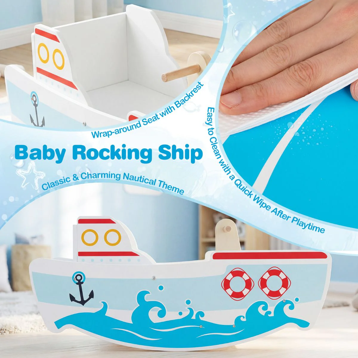 Wooden Rocking Ship with Nautical Theme for 1-5 Years Old Kids - Image 8