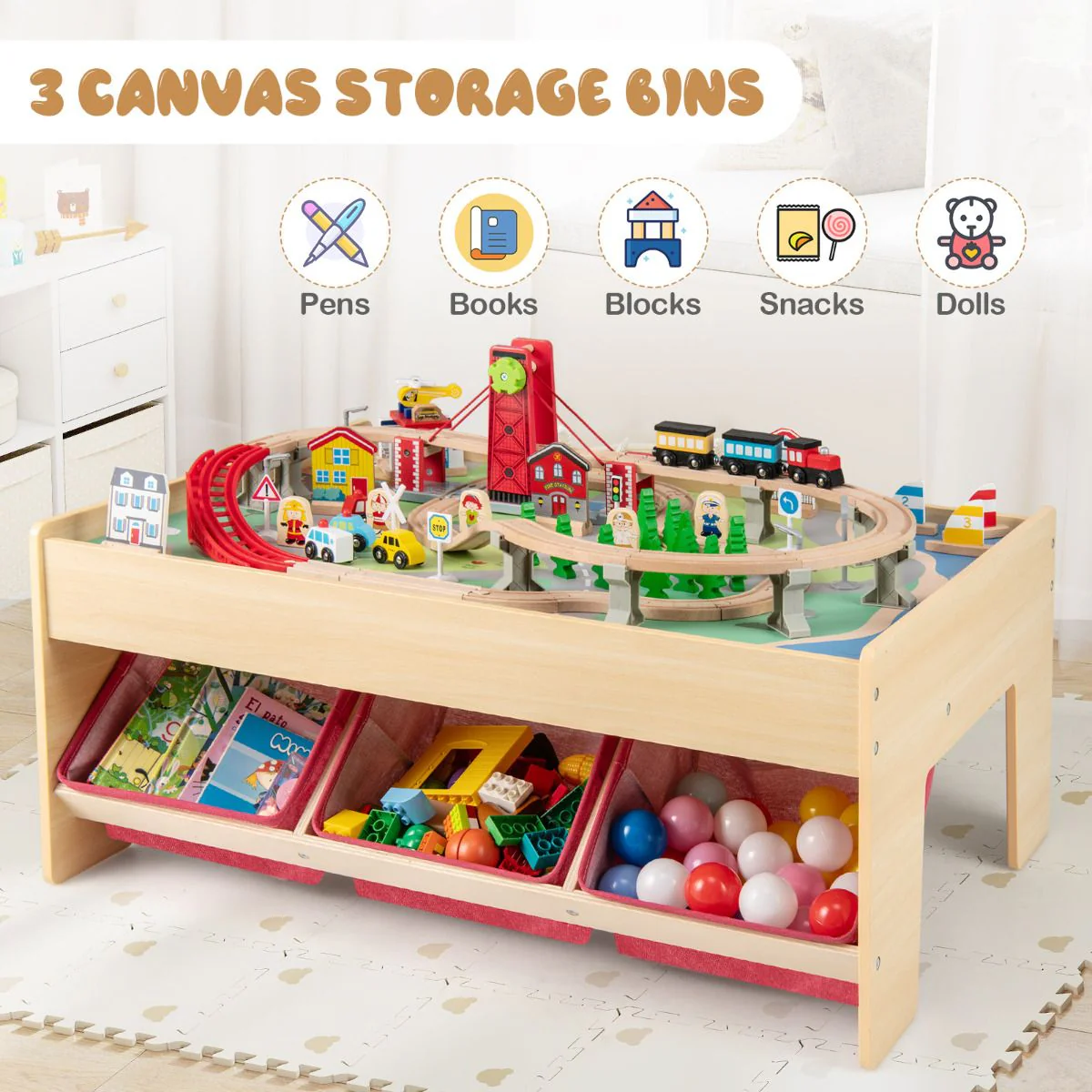 Wooden Train Table Multipurpose Activity Play Table with 3 Storage Bins - Image 3