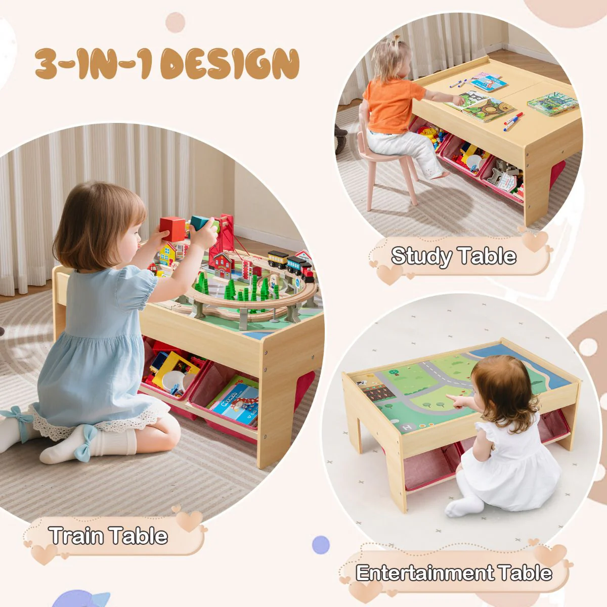 Wooden Train Table Multipurpose Activity Play Table with 3 Storage Bins - Image 5