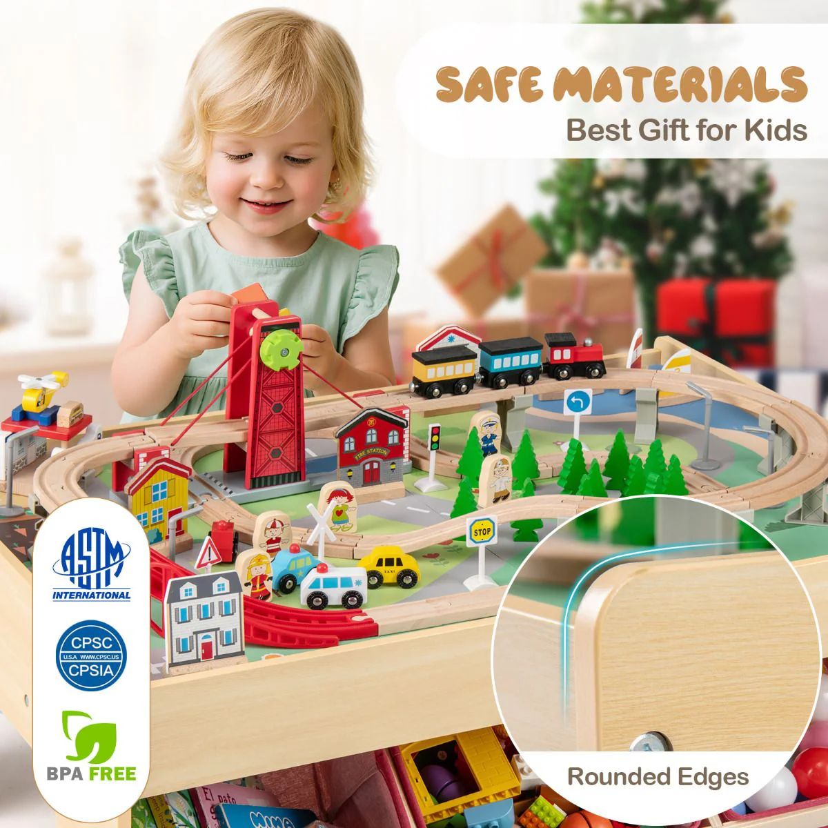 Wooden Train Table Multipurpose Activity Play Table with 3 Storage Bins - Image 8