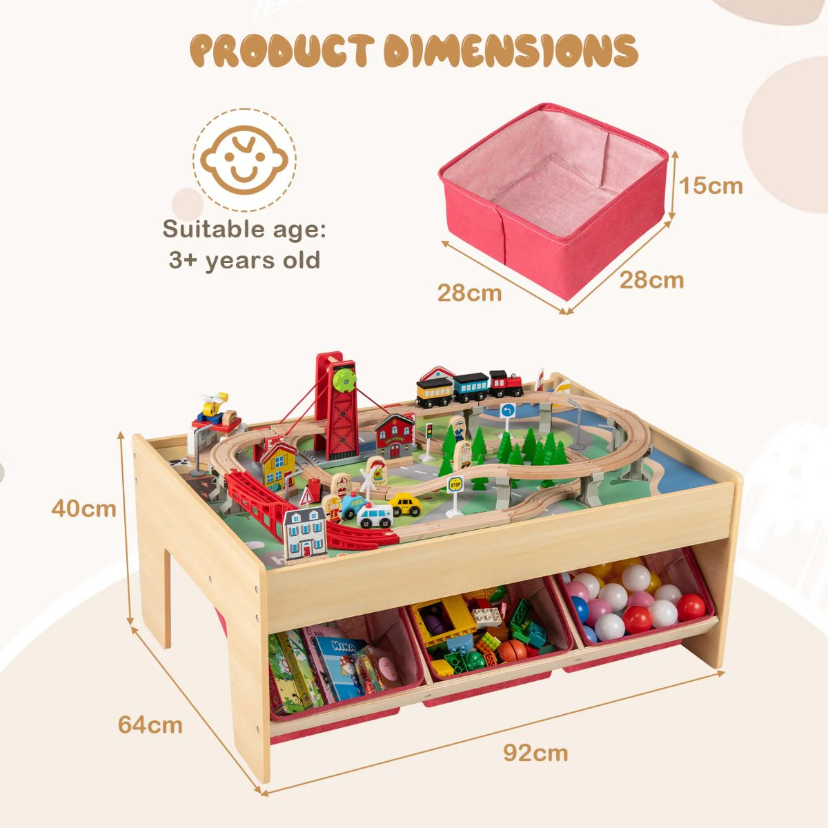 Wooden Train Table Multipurpose Activity Play Table with 3 Storage Bins - Image 9